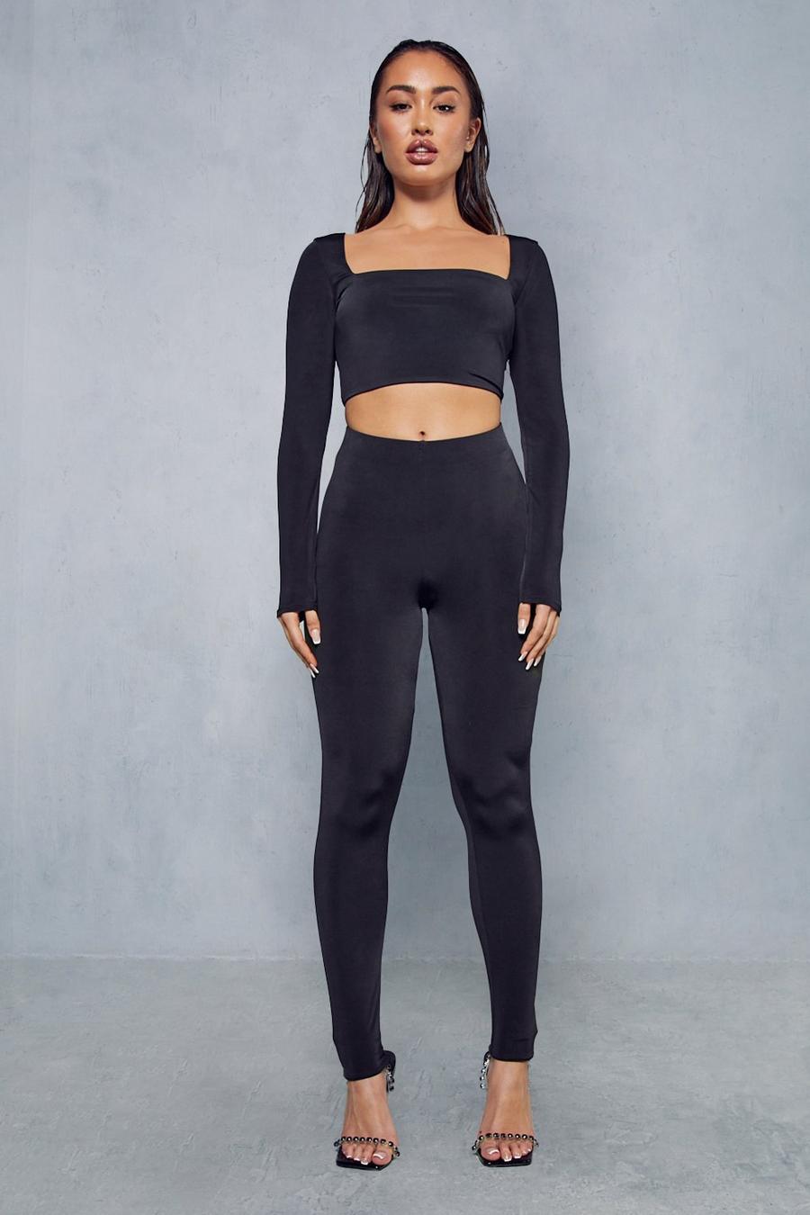 Black Double Layer Slinky Scoop Neck Legging Co Ord image number 1
