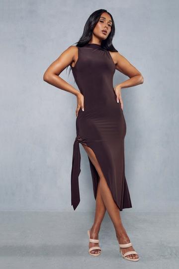Double Layer Slinky Backless Cut Out Midi Dress chocolate