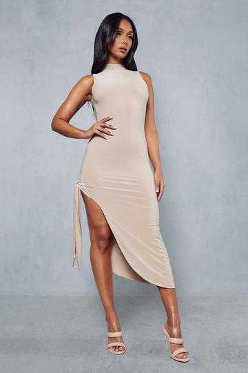 Double Layer Slinky Backless Cut Out Midi Dress stone