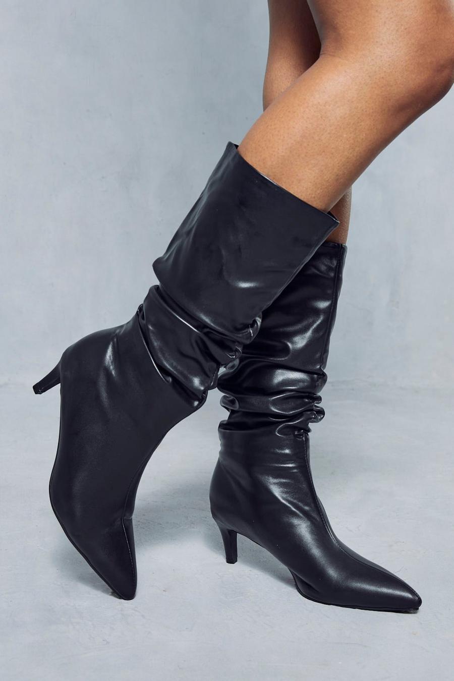 Black Leather Look Mid Heel Ankle Boots