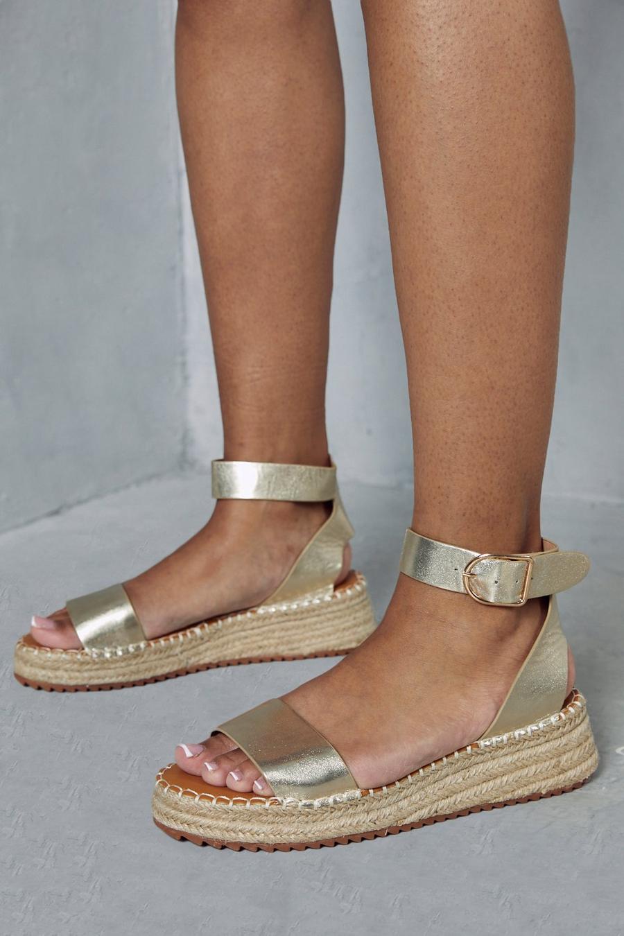 Gold Woven Platform Leather Look Sandals image number 1