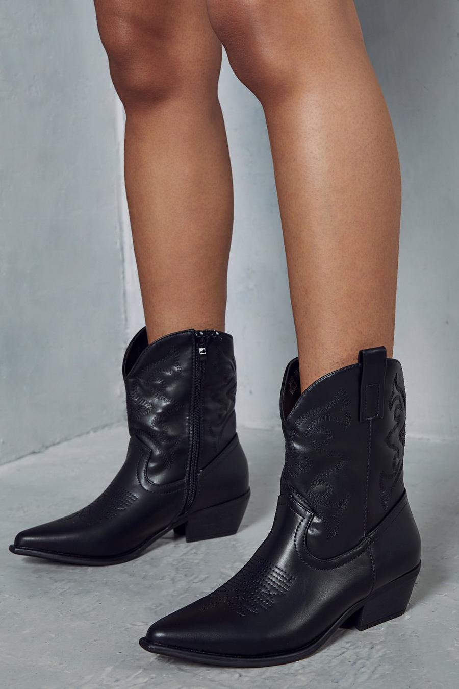 Black Western Leather Look Ankle Boots