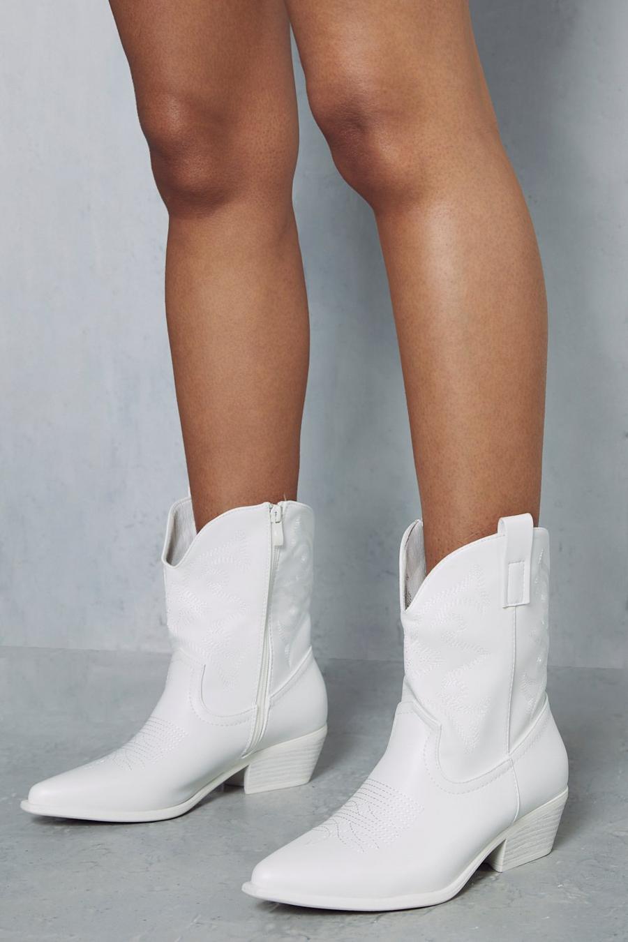 White Western Leather Look Ankle Boots image number 1