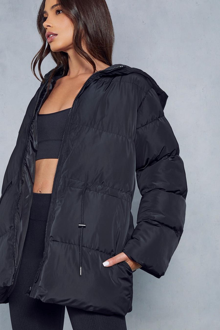 Black Cinched Waist Hooded Puffer Coat image number 1