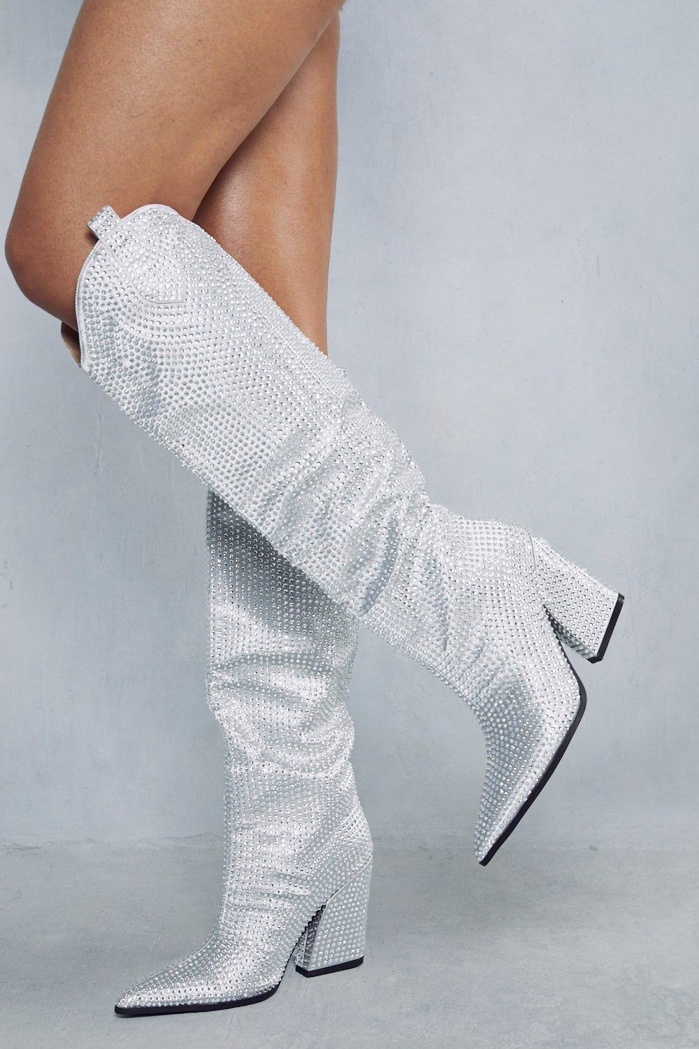 Silver glitter hot sale long boots