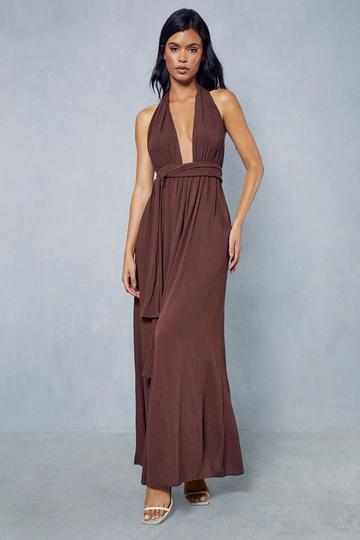 Crinkle Belted Waist Halterneck Backless Wide Leg Jumpsuit chocolate