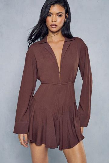 Crinkle Flippy Short Shirt Style Playsuit chocolate