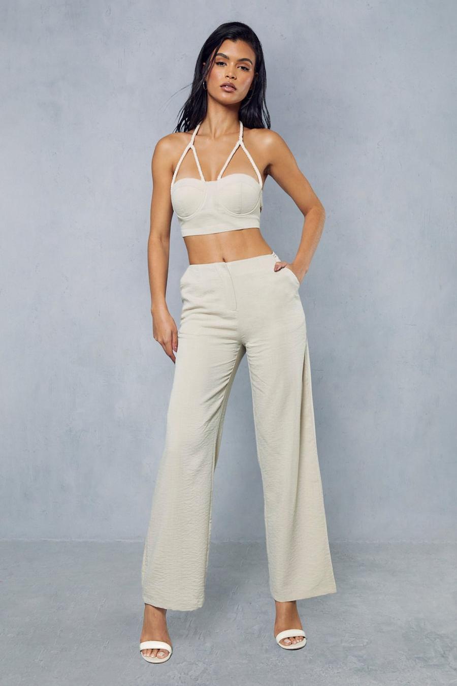 Stone Linen Look Twist Bralet & Trouser Co-ord image number 1