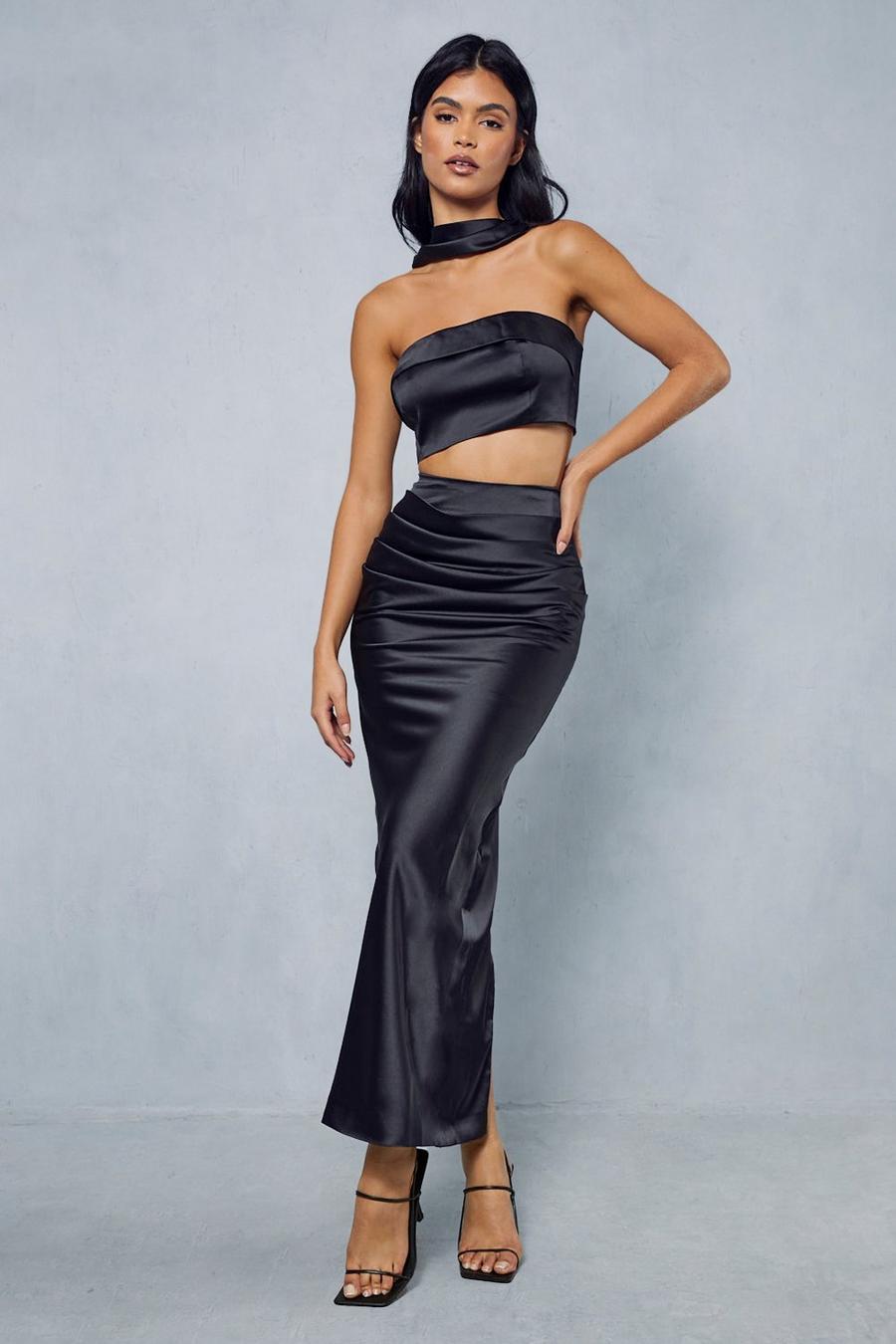 Black Premium Satin Choker Neck Top And Maxi Skirt Co-rd  image number 1