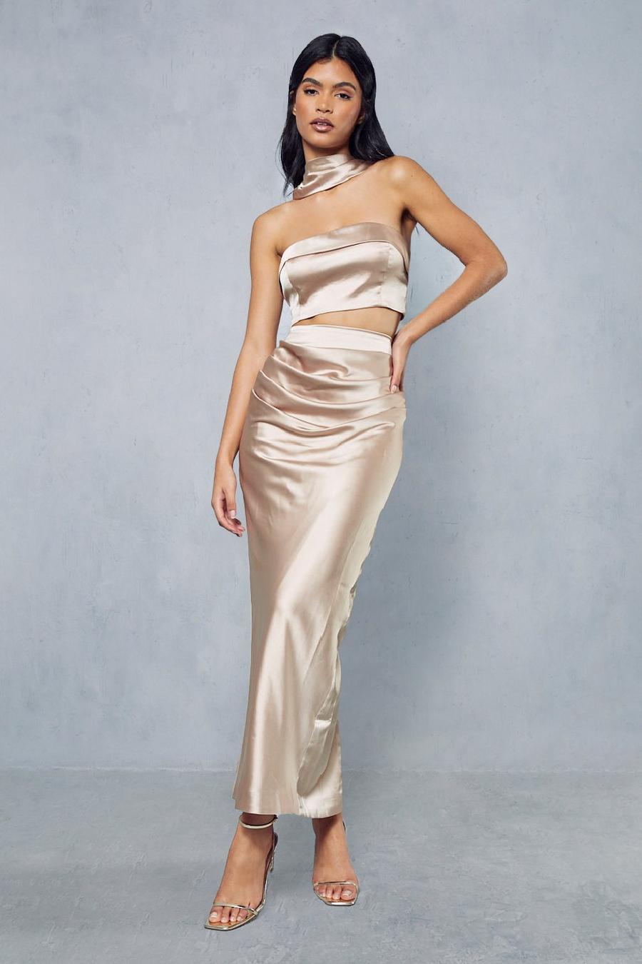 Gold Premium Satin Choker Neck Top And Maxi Skirt Co-rd  image number 1