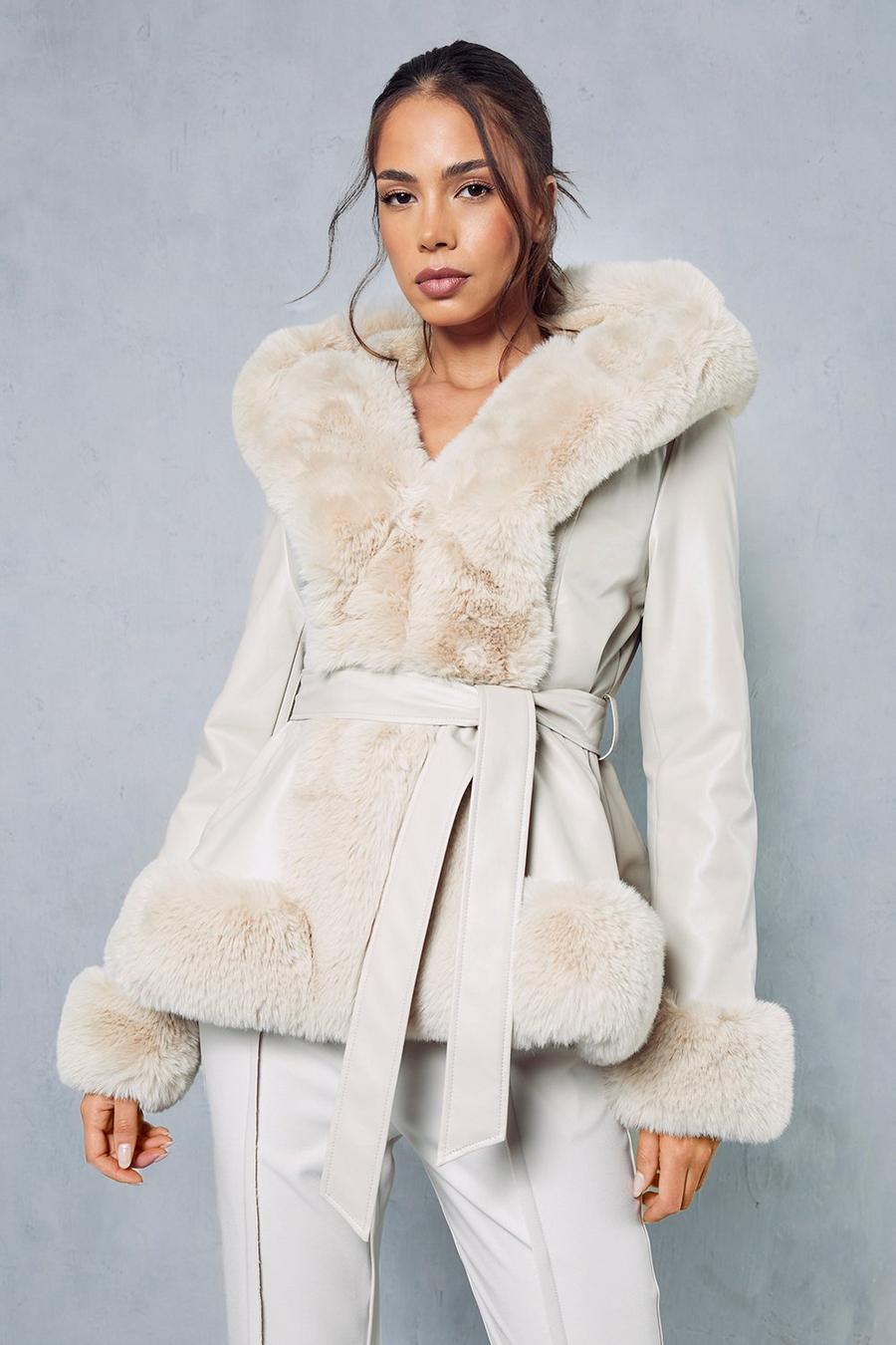 Cream Faux Fur Leather Look Belted Coat image number 1