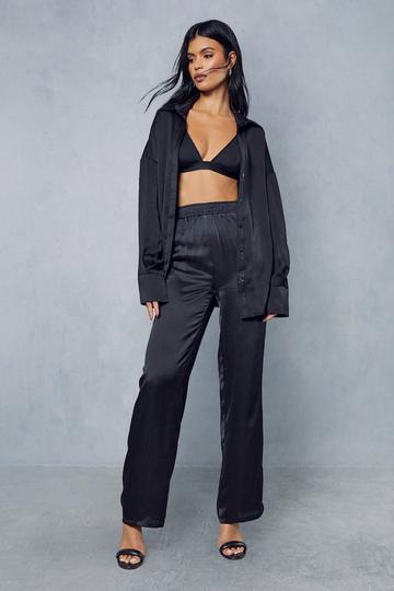 Black Satin Elastic Waist Straight Leg Trousers