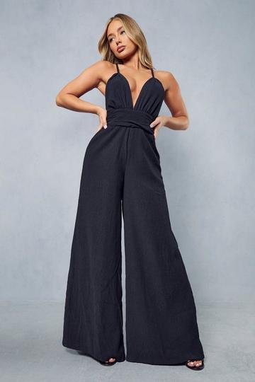 Black Textured Plunge Plait Strap Wide Leg Jumpsuit