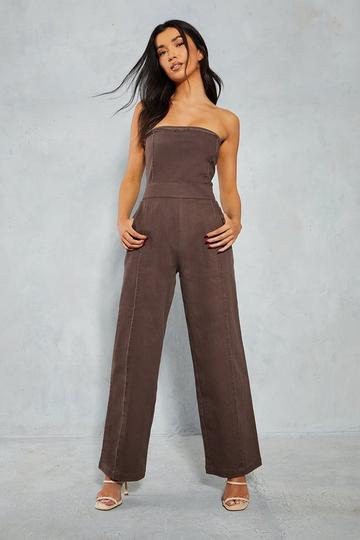 Denim Strapless Straight Leg Jumpsuit chocolate