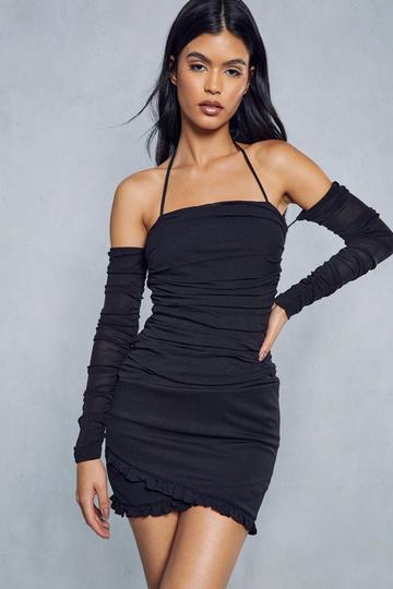 Black Mesh Ruched Frill Halterneck Bodycon Mini Dress