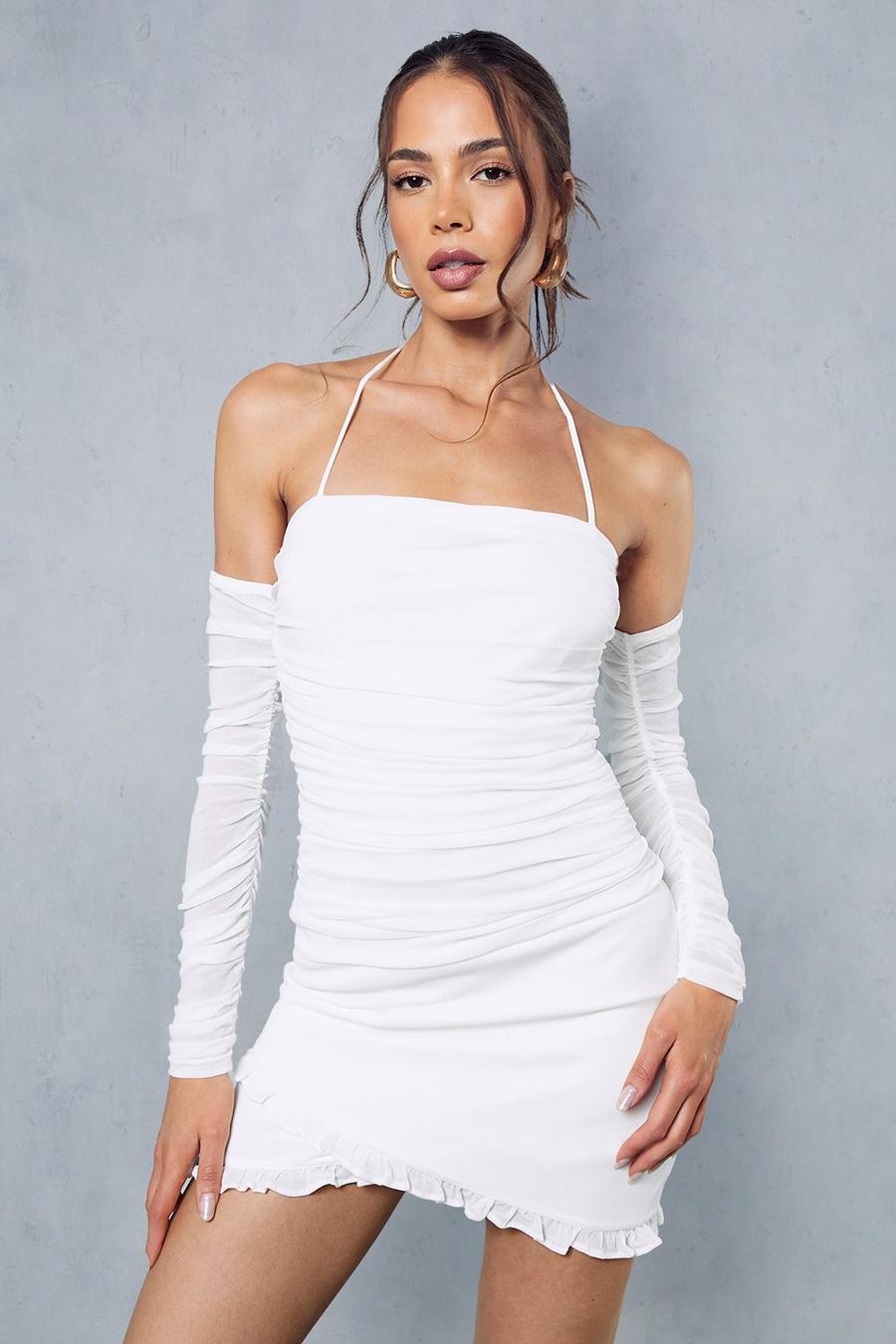 White Mesh Ruched Frill Halterneck Bodycon Mini Dress image number 1