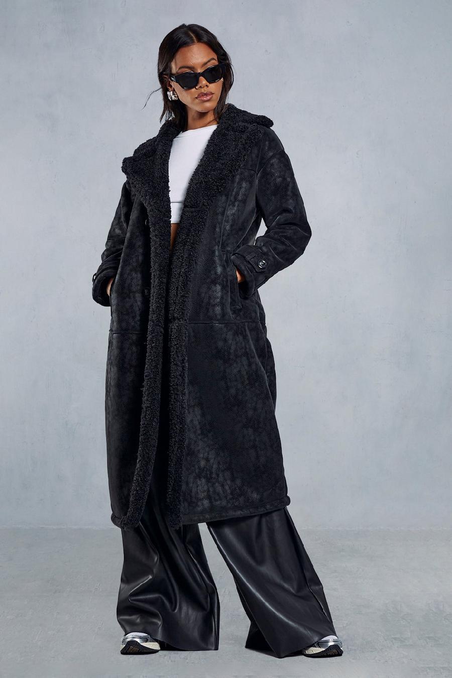 Black Textured Faux Suede Borg Lined Longline Coat