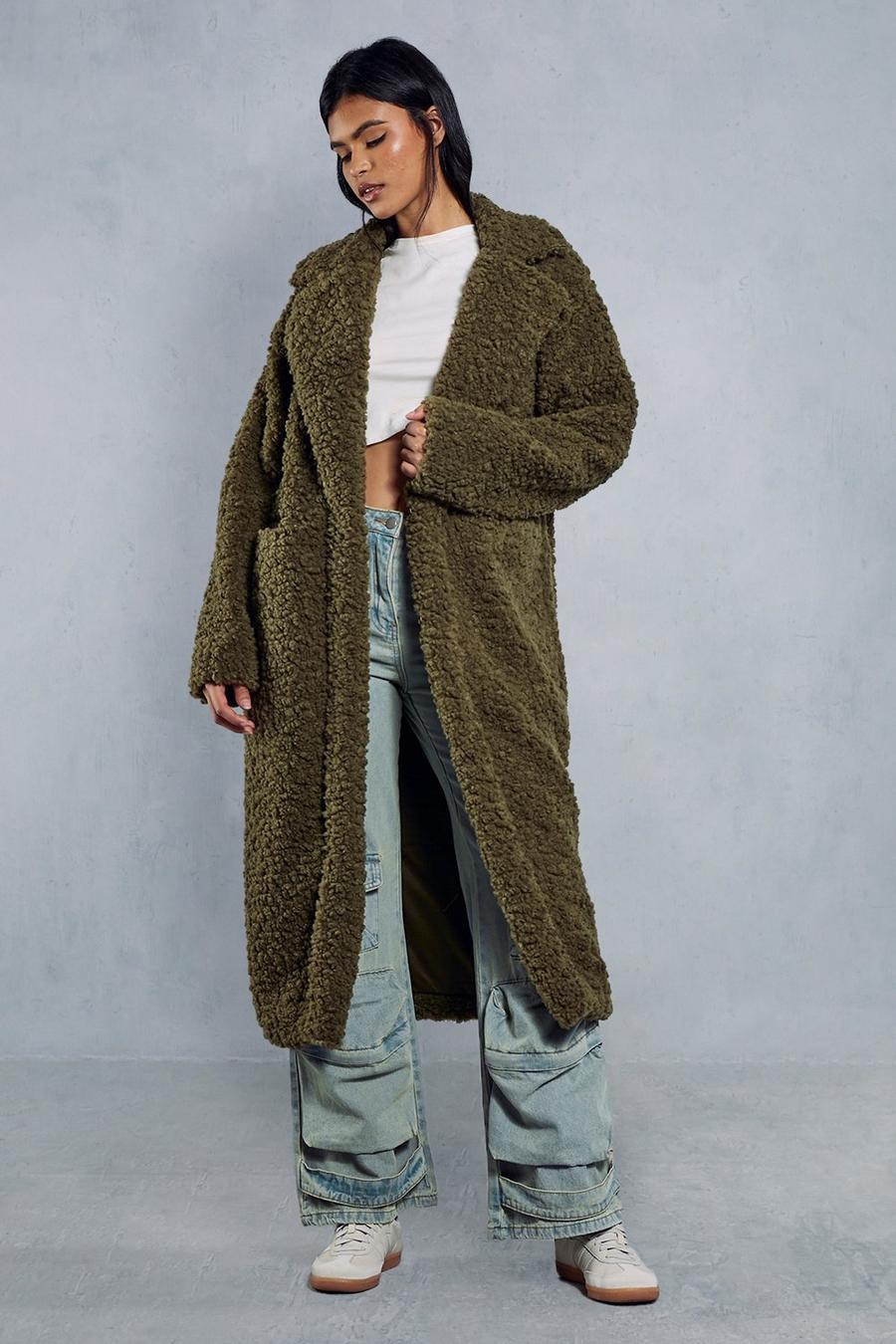 Khaki Longline Oversized Collar Teddy Fur Coat