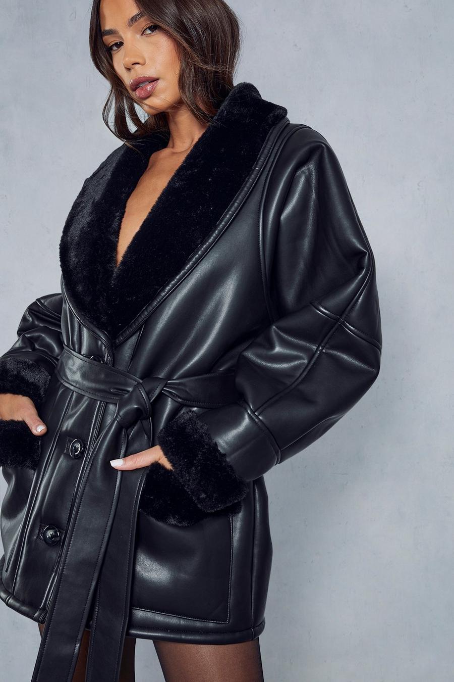 Black Premium Leather Look Belted Fur Lined Aviator Coat  image number 1