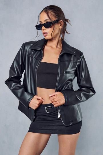 Leather Look Fitted Biker Jacket black