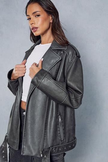 Distressed Leather Look Midi Biker Jacket charcoal