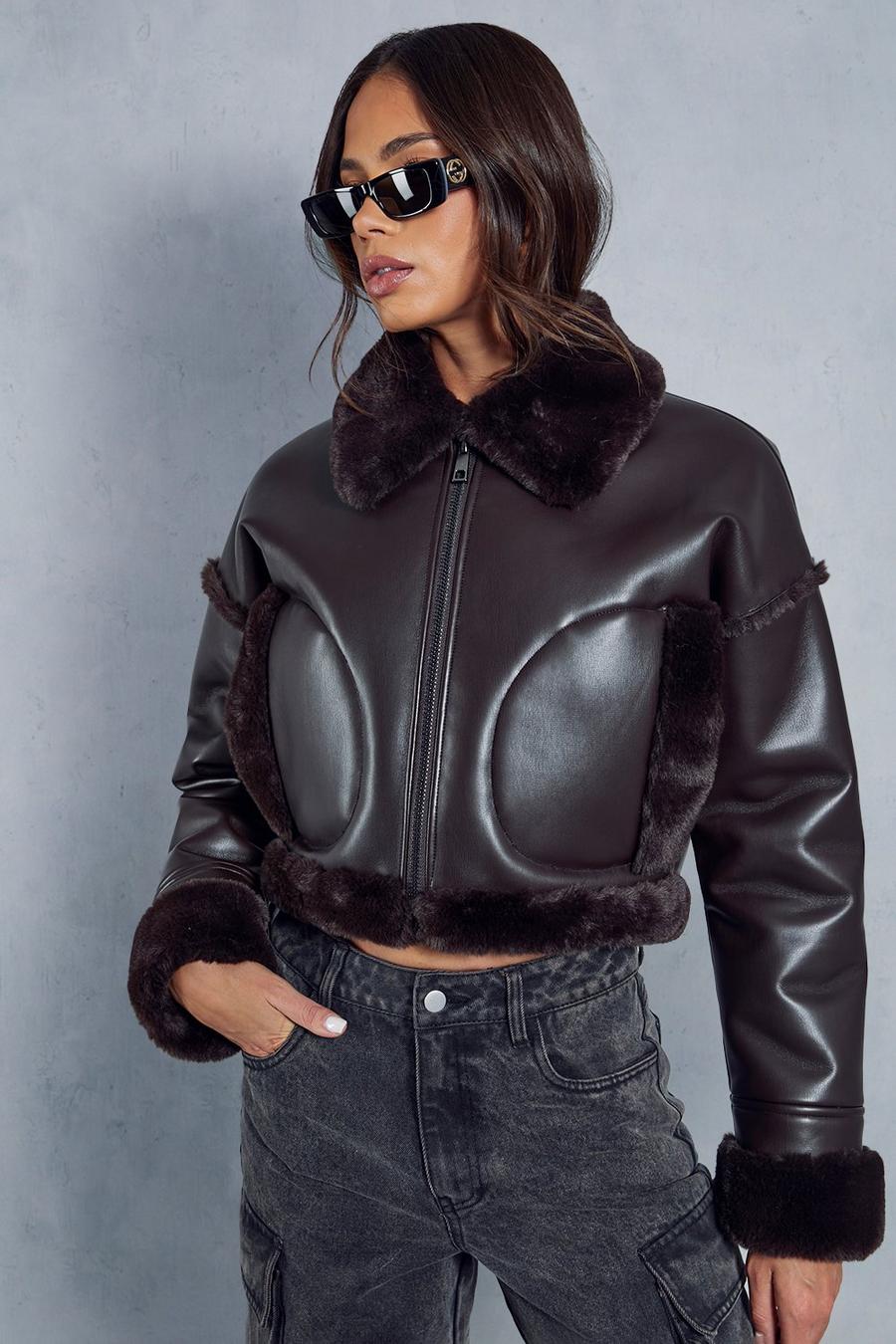 Chocolate Premium Leather Look Cropped Fur Lined Aviator Coat  image number 1