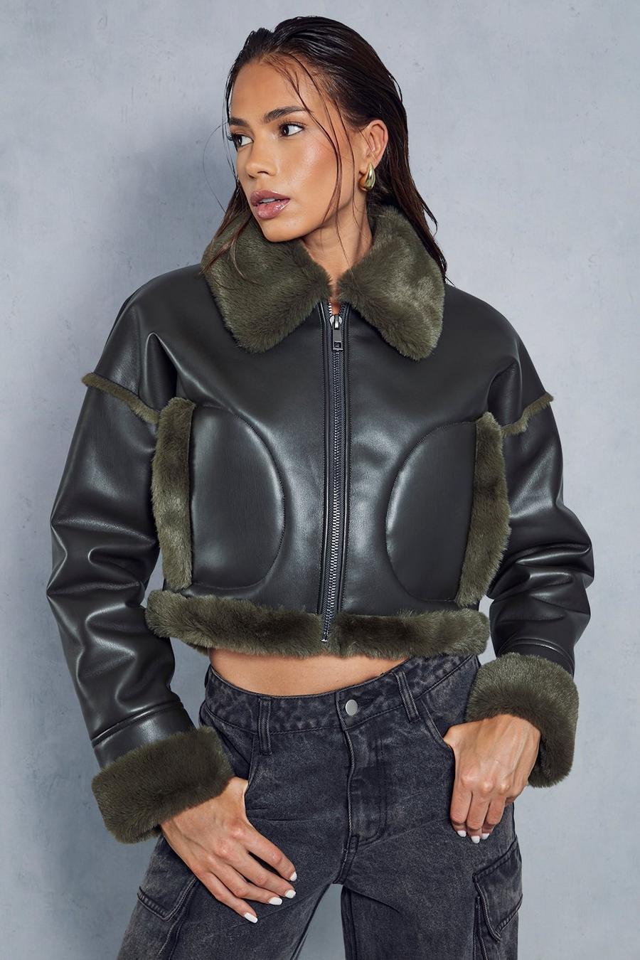 Khaki Premium Leather Look Cropped Fur Lined Aviator Coat  image number 1