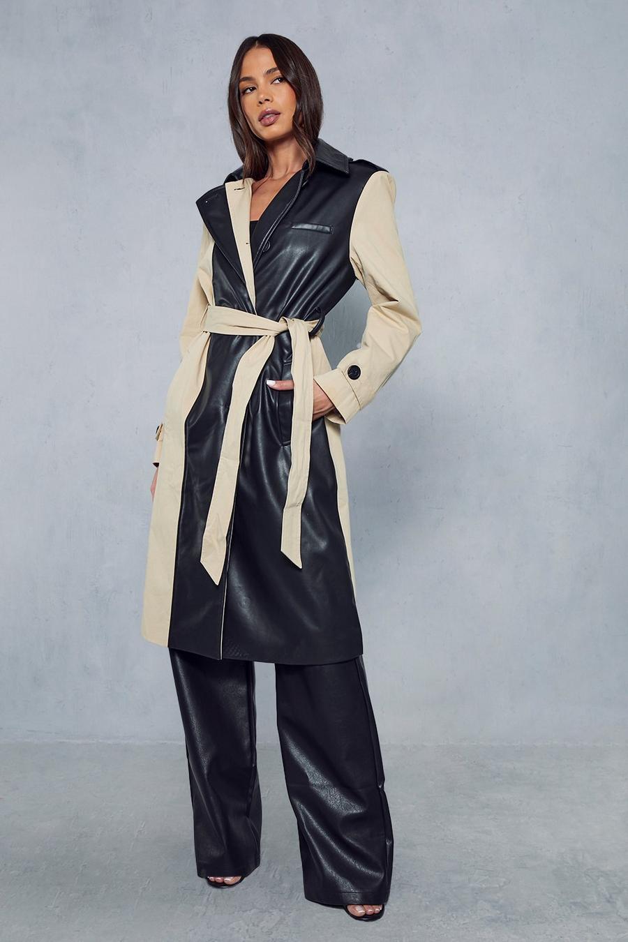 Black Contrast Woven Leather Look Panelled Trench Coat image number 1