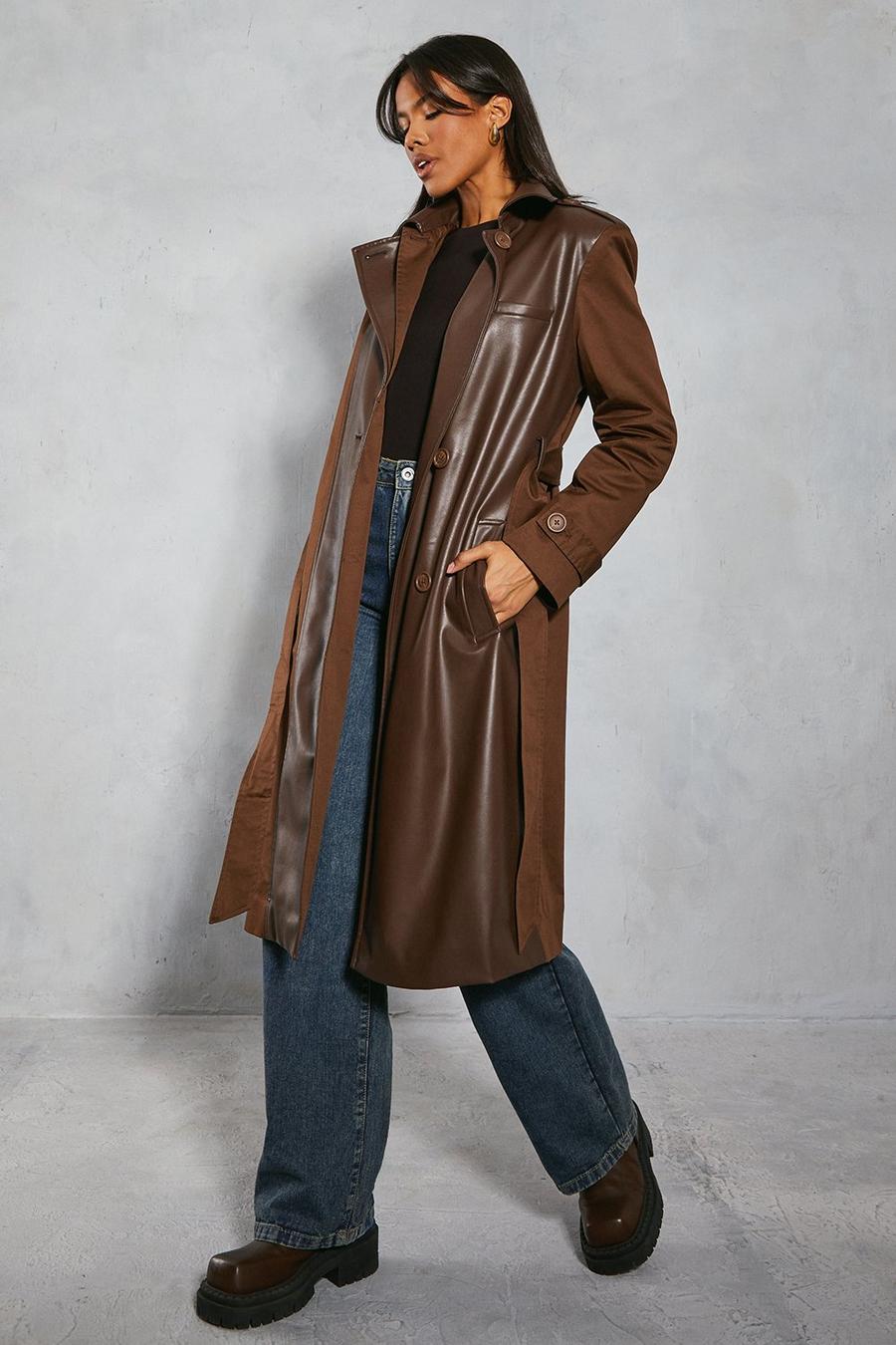 Chocolate Contrast Woven Leather Look Panelled Trench Coat image number 1