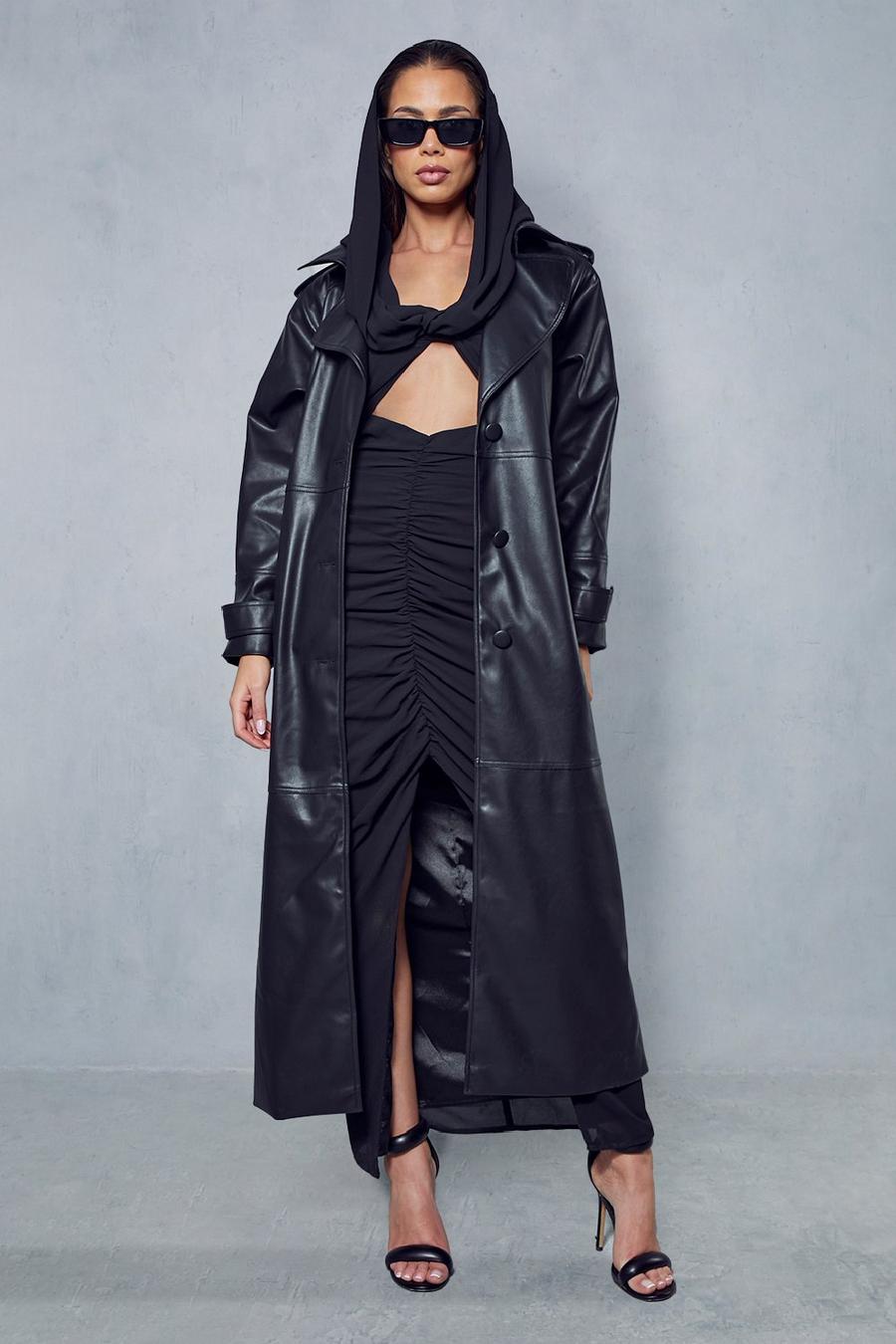 Black Premium Longline Leather Look Trench image number 1