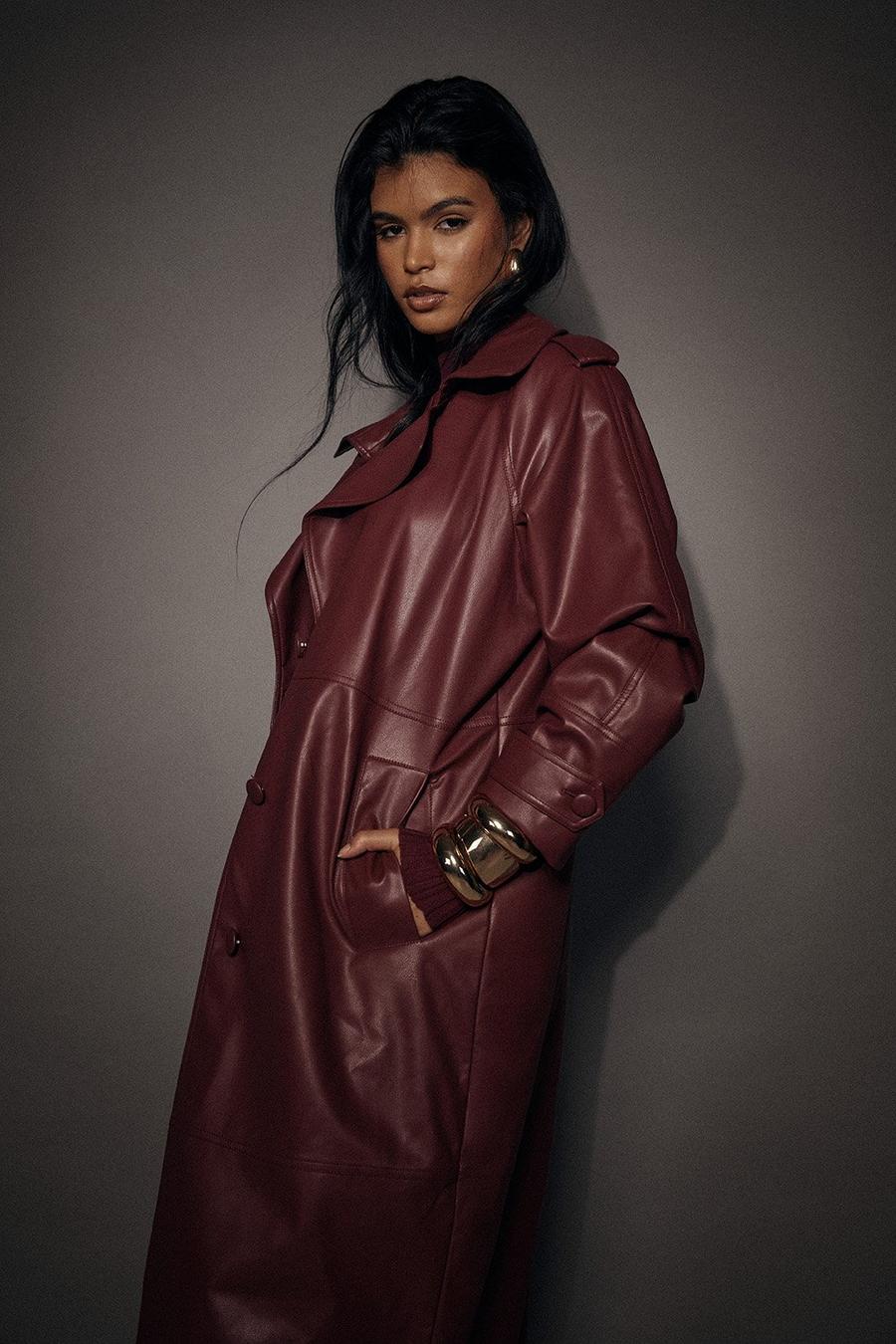 Wine Premium Longline Leather Look Trench image number 1