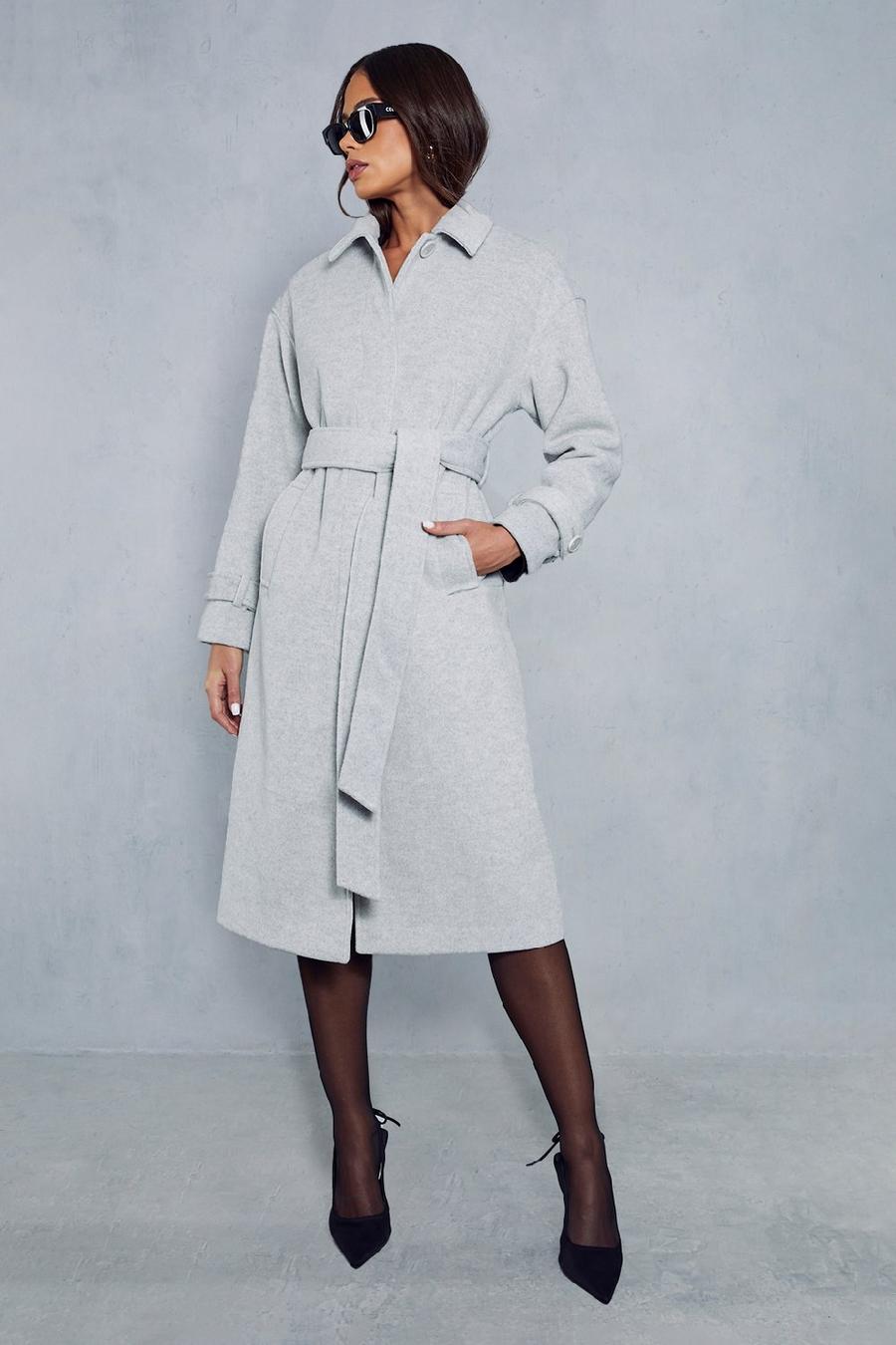 Light grey Wool Look Belted Midi Trench Coat image number 1