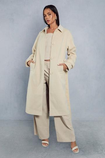 Stone Beige Wool Look Belted Midi Trench Coat