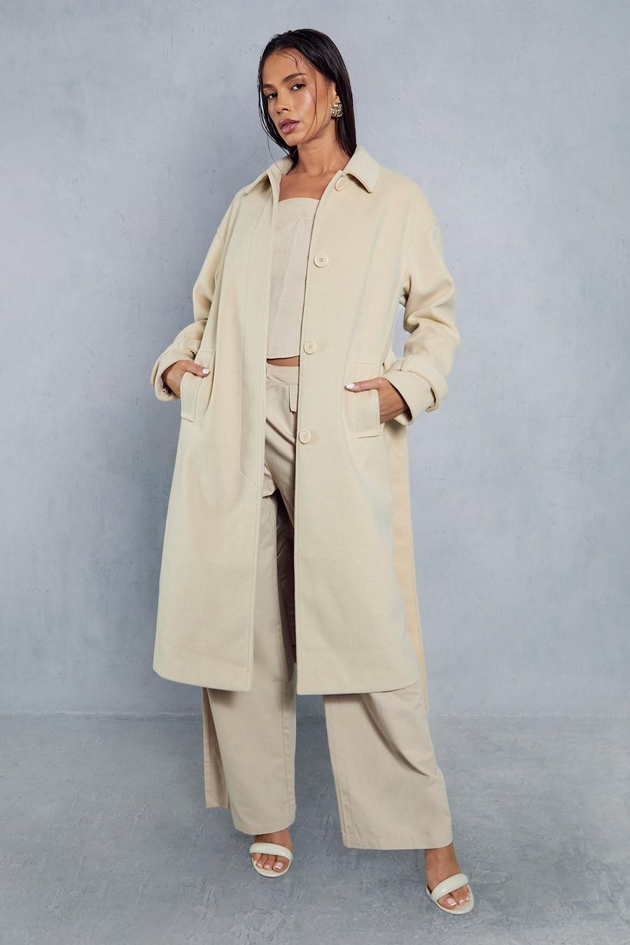 Stone Wool Look Belted Midi Trench Coat image number 1