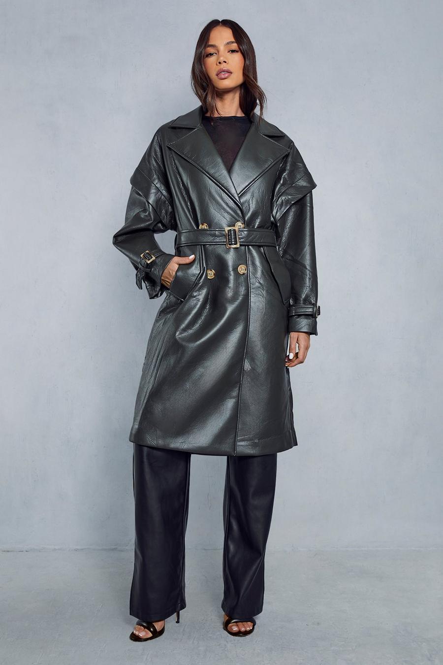 Bottle green Textured Leather Oversized Longline Trench Coat  image number 1