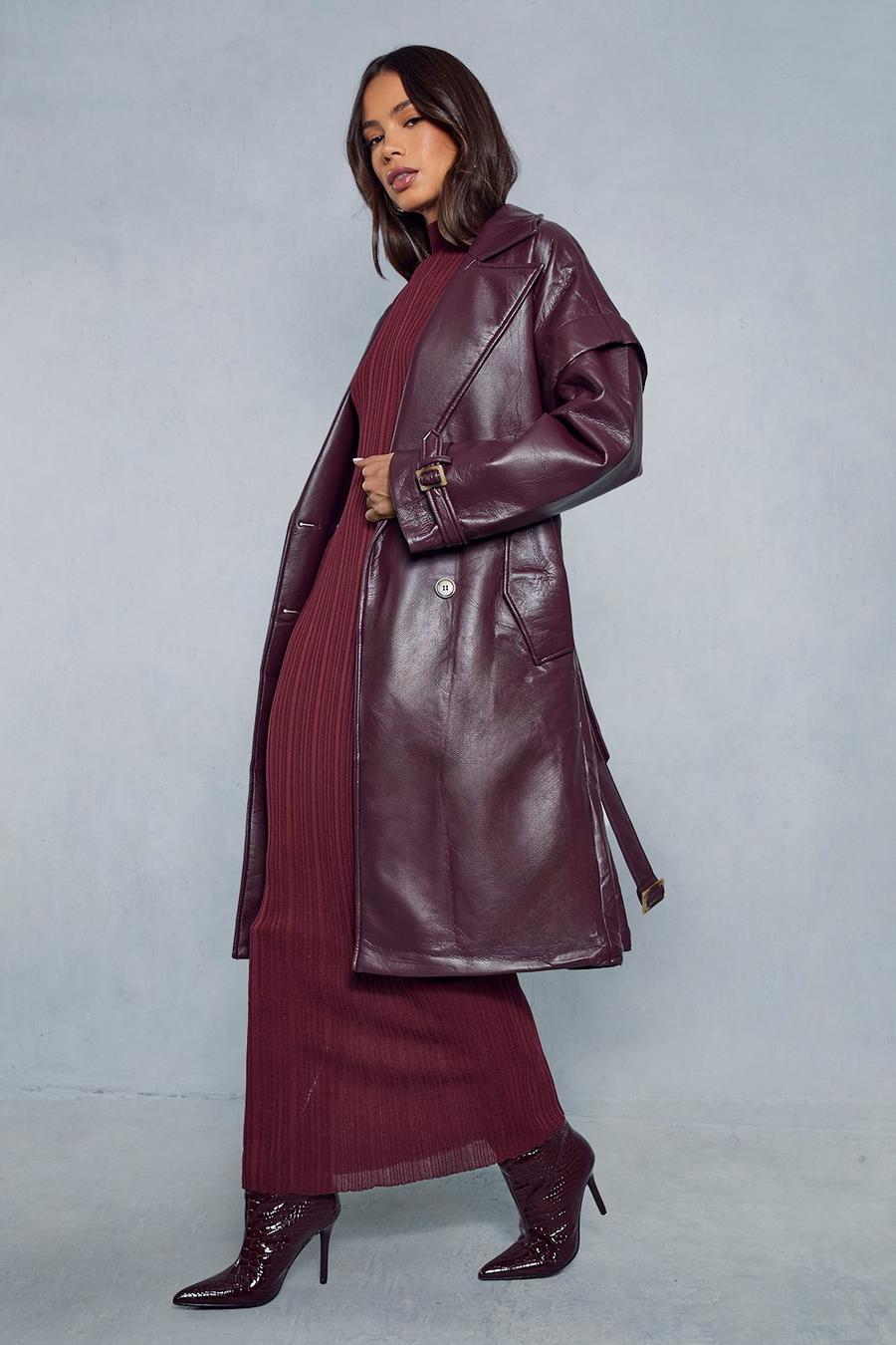 Wine Textured Leather Oversized Longline Trench Coat  image number 1