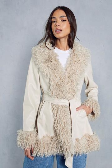 Beige Leather Look Monglian Faux Fur Trim Belted Coat