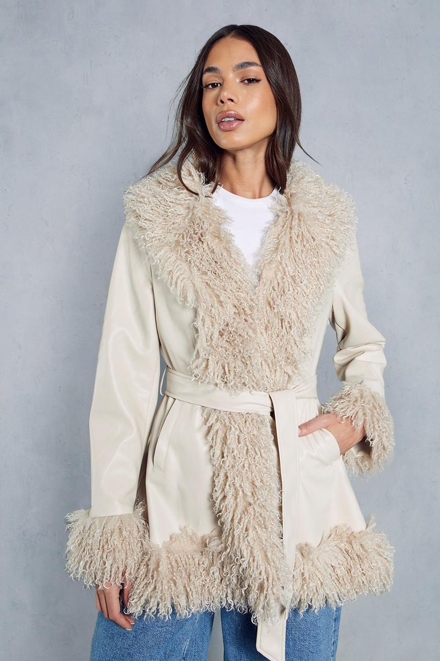 Beige Leather Look Monglian Faux Fur Trim Belted Coat image number 1