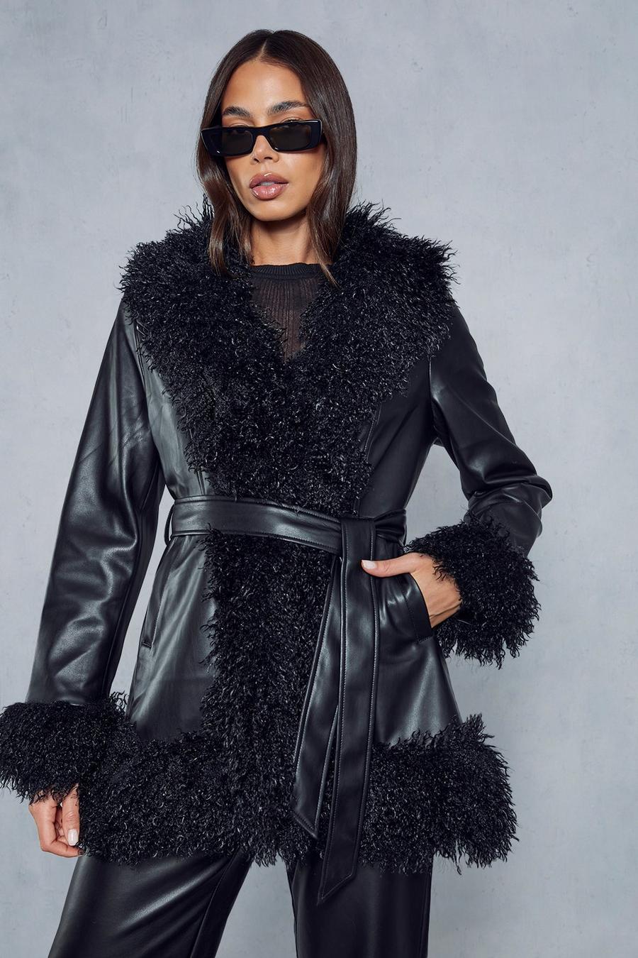 Black Leather Look Monglian Faux Fur Trim Belted Coat image number 1