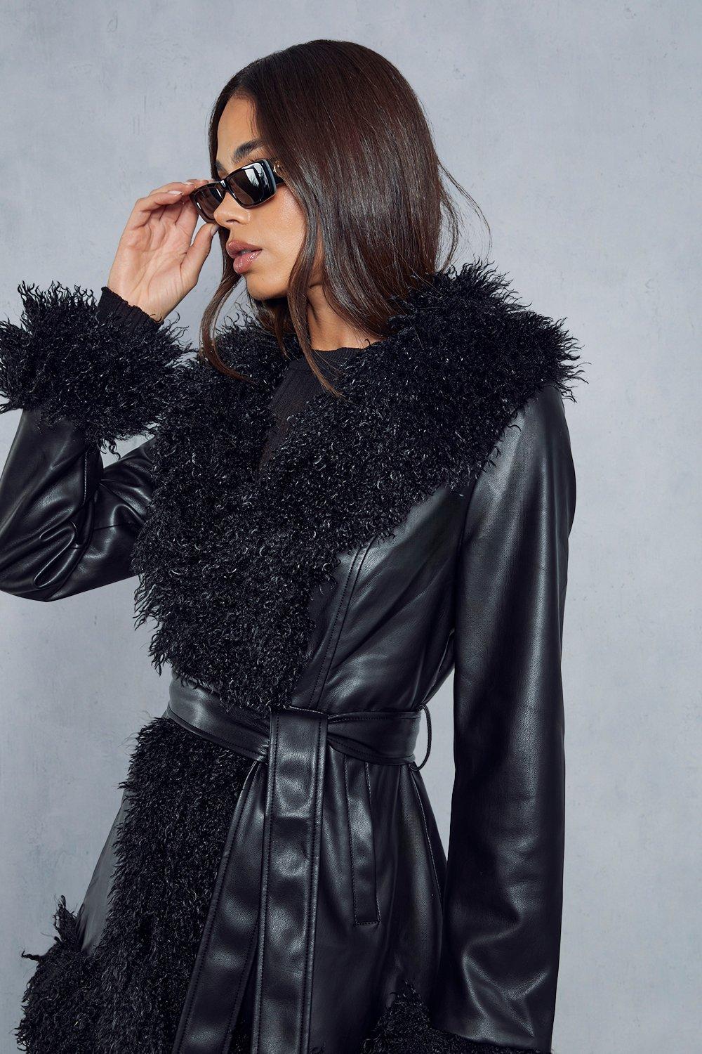 Black leather cheap fur coat