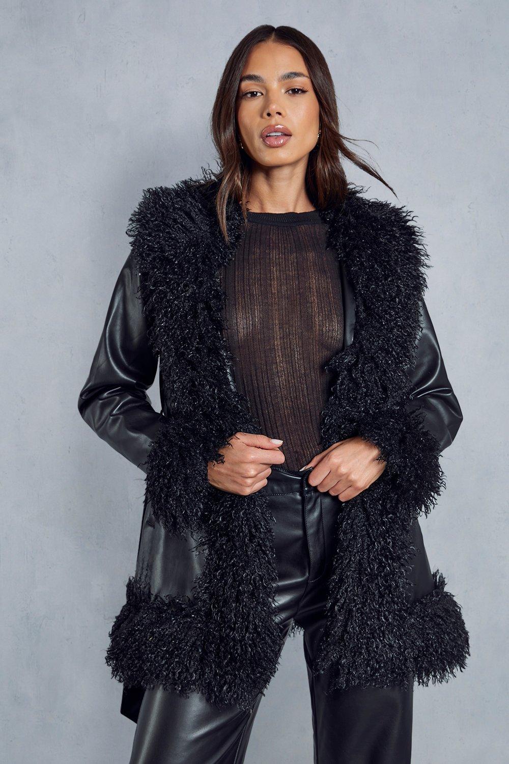 Faux Fur Trim Belted Coat