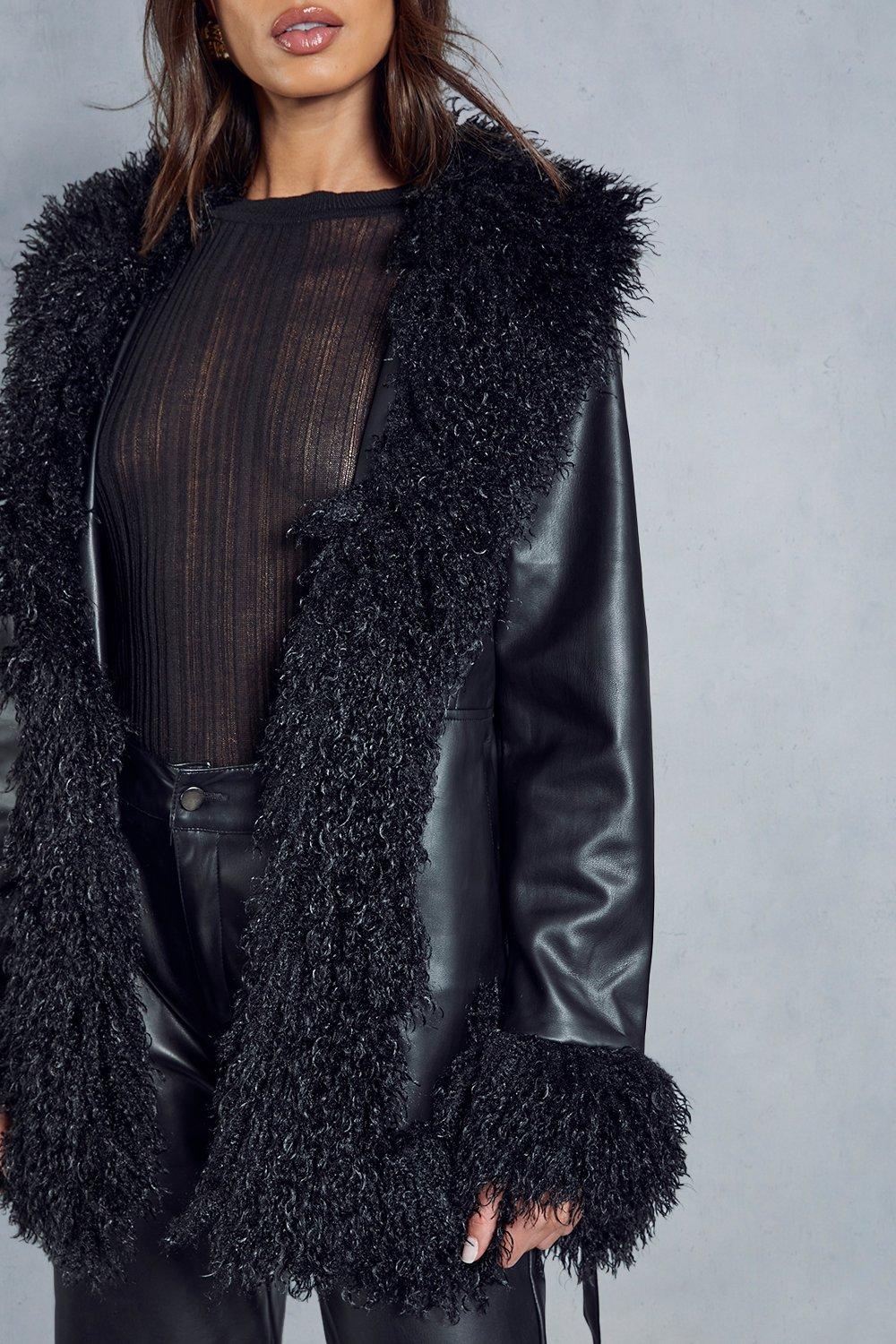 Misspap Leather Look Monglian Faux Fur Trim Belted Coat | Boohoo UK