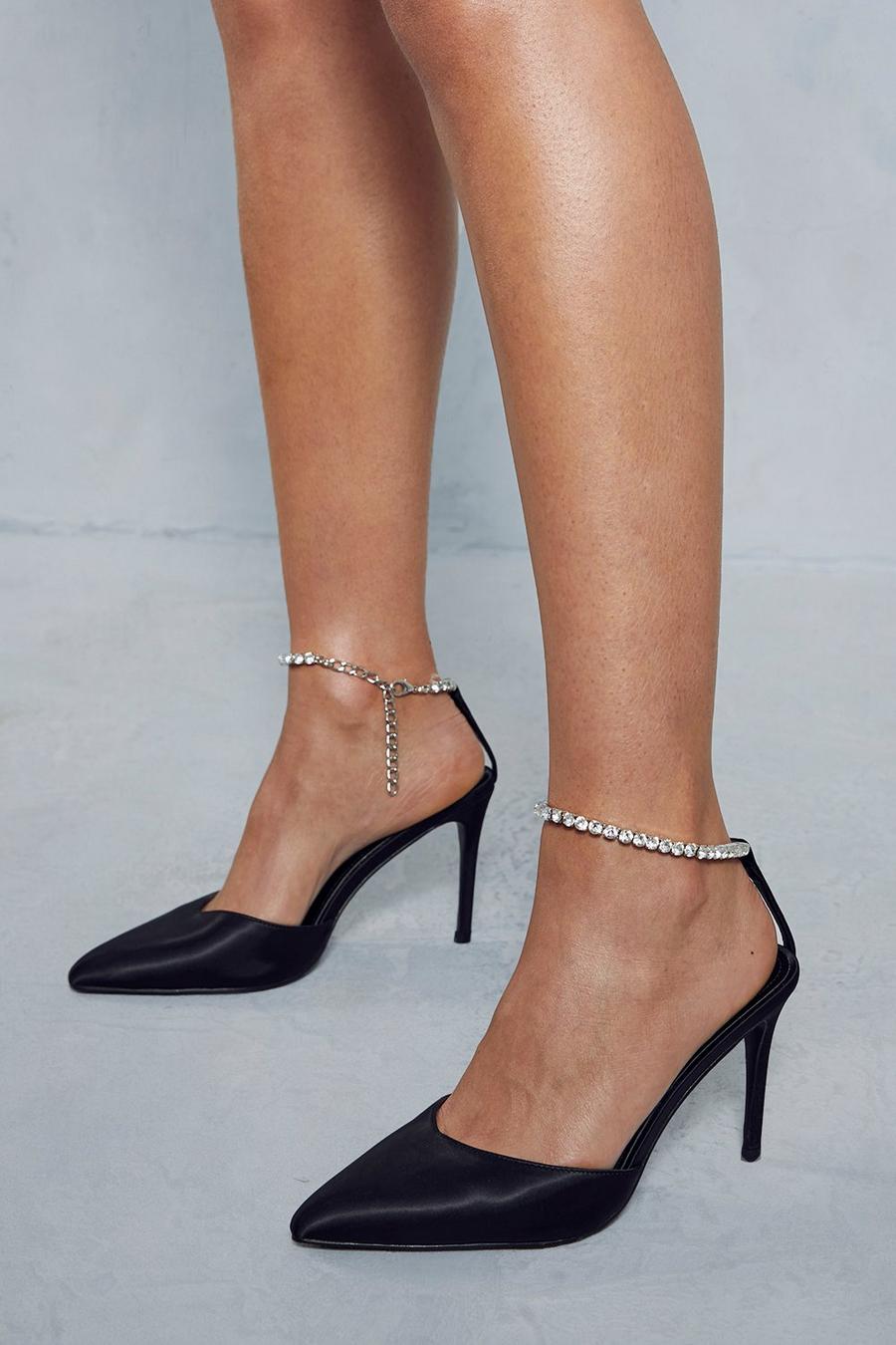 Black Premium Diamante Strap Pointed Satin Heels image number 1