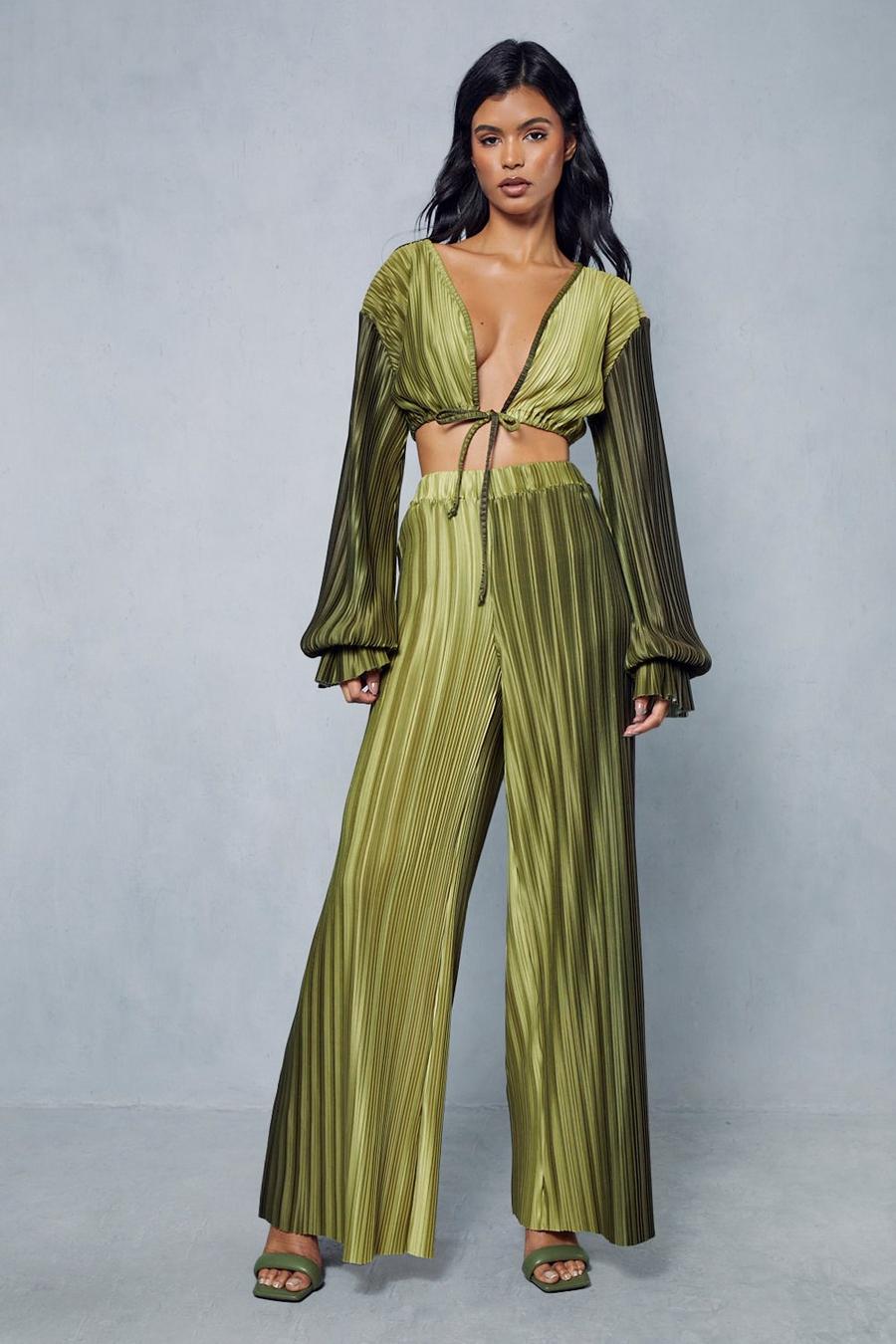 Green Ombre Plisse Tie Front Top & Wide Leg Trouser Co Ord image number 1