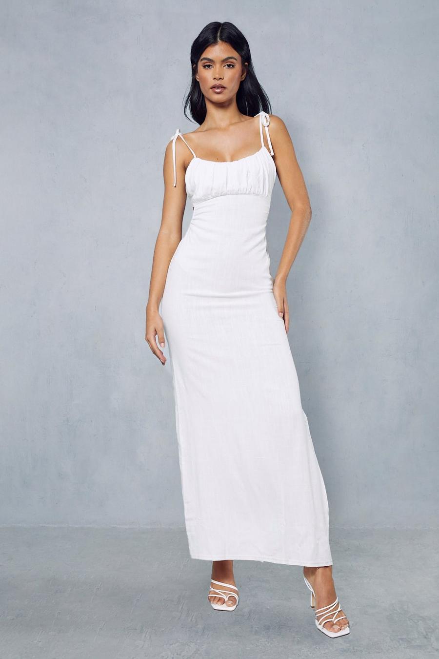 White Linen Look Ruched Bust Backless Maxi Dress image number 1