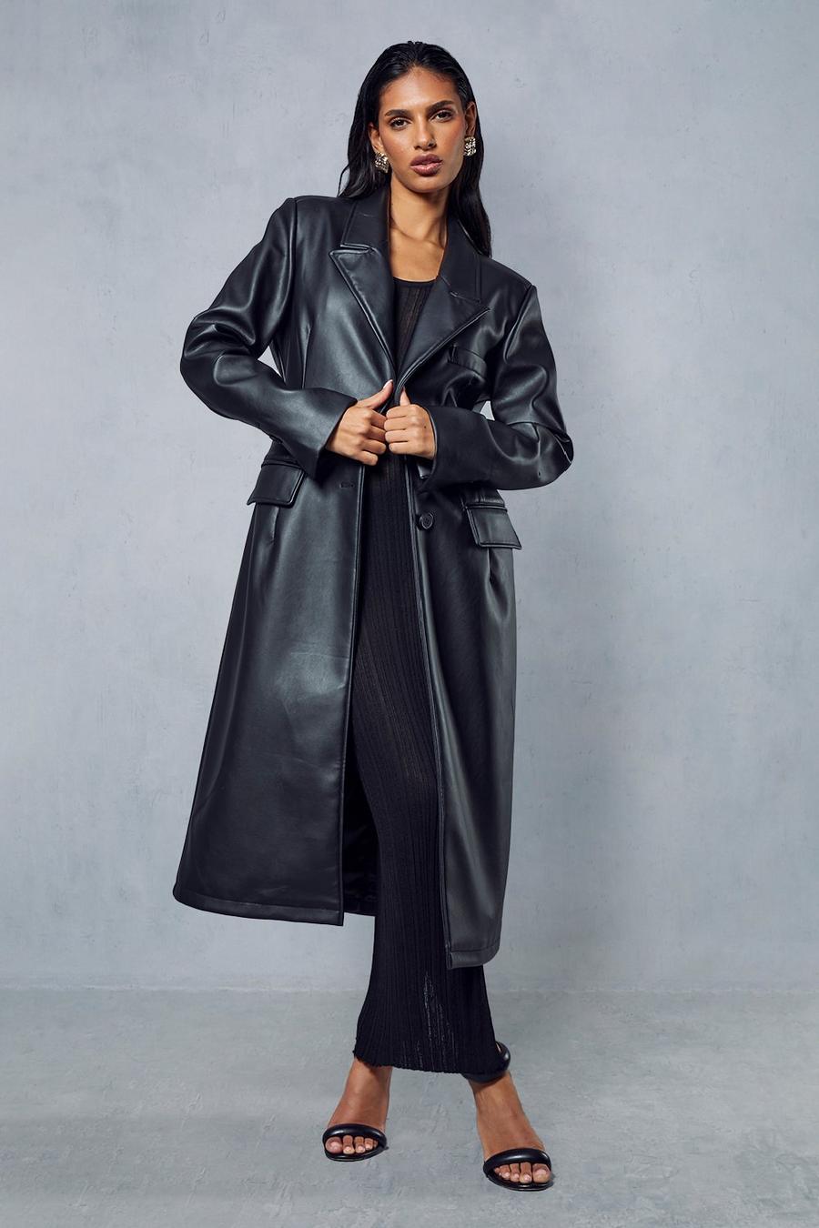 Black Premium Leather Look Longline Trench Coat image number 1