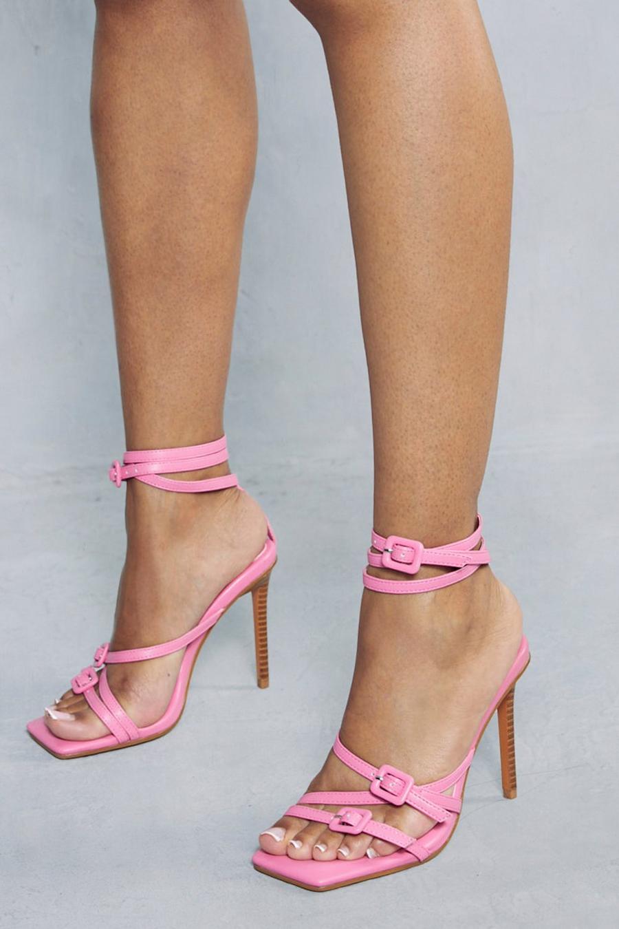 Pink Padded Leather Look Buckle Heels