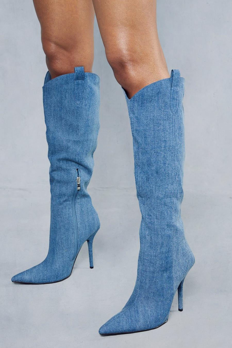 Blue Denim Western Knee High Boots image number 1