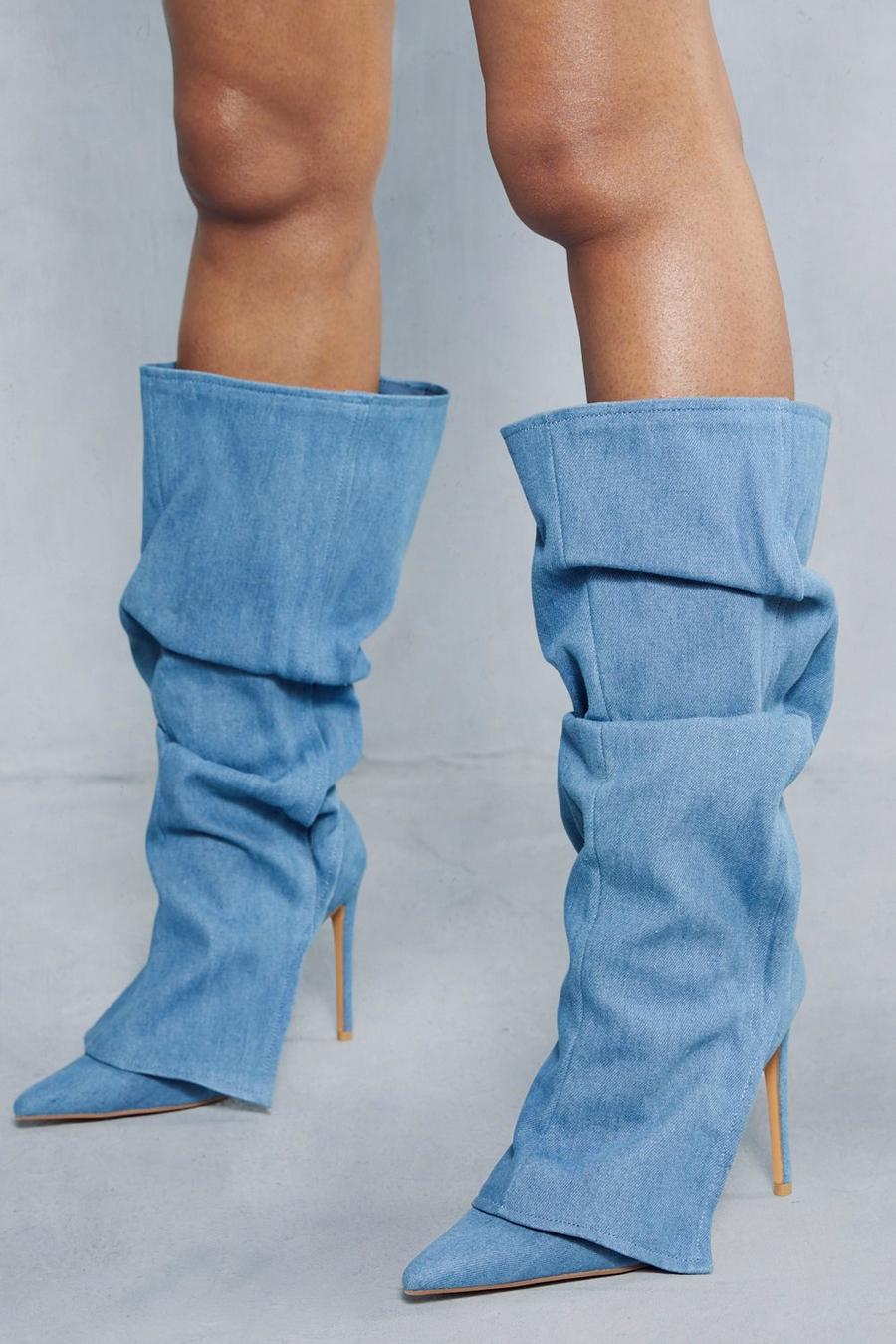 Blue Denim Overlay Knee High Boots image number 1
