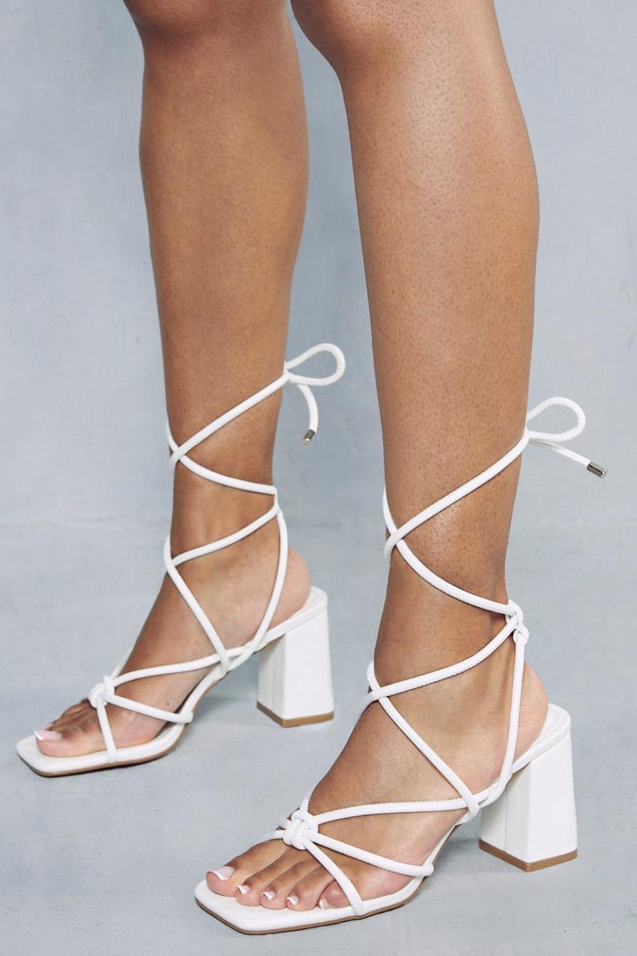White Leather Look Strappy Block Heel Sandals image number 1